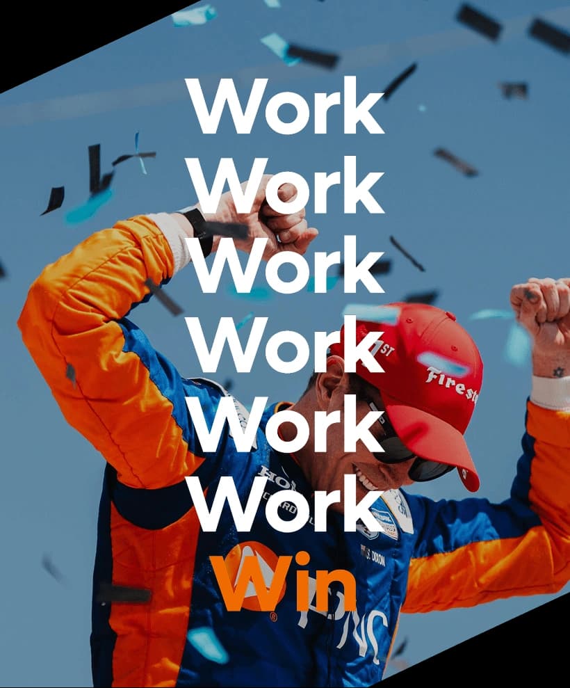 Racing driver celebrating with a graphic overlay displaying ‘Work, work, work, win’ from PNC microsite.