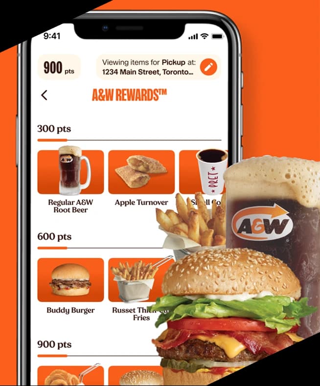 Mobile UI design of the A&W app, displaying redeemable A&W Rewards like burgers and root beer.
