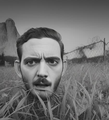 A black and white, overly artistic, AI-generated portrait of Creative Director, Patrick.