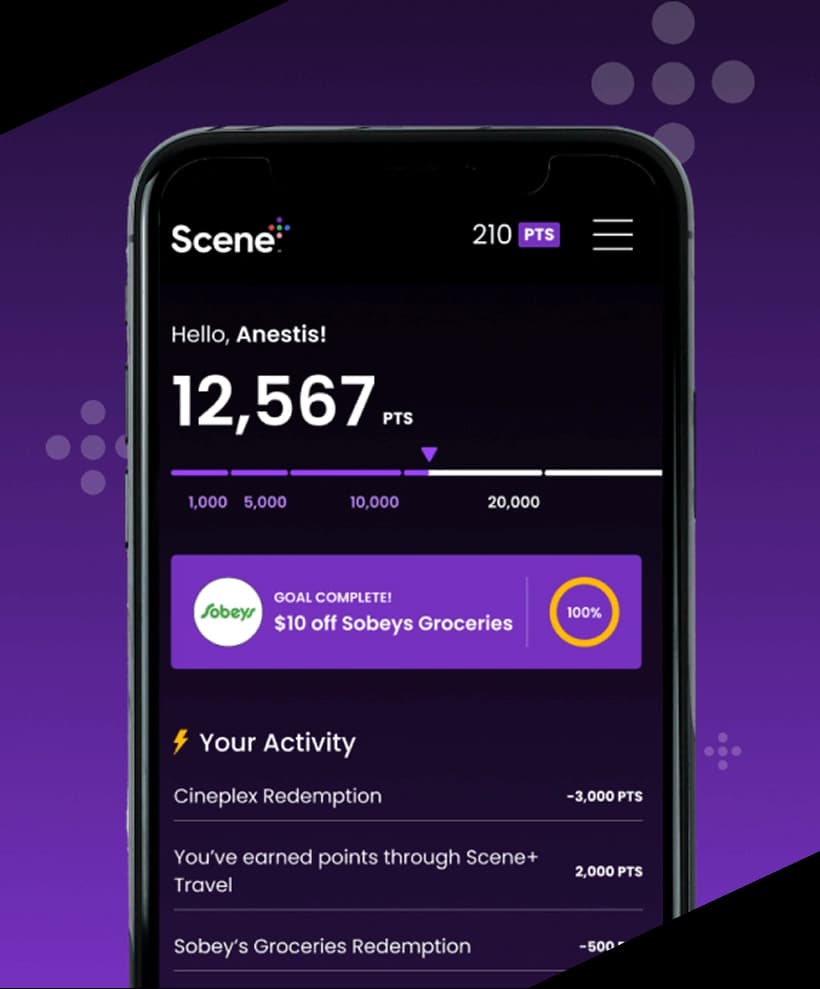 Scene+ mobile app interface showing points balance and reward redemptions.