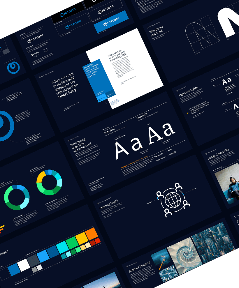 Brand and design system elements developed as part of a multi-year collaboration with global IT firm, NTT DATA.
